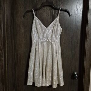 Lulus Metallic Skater Mini Dress V-Neck Adjustable Straps Small